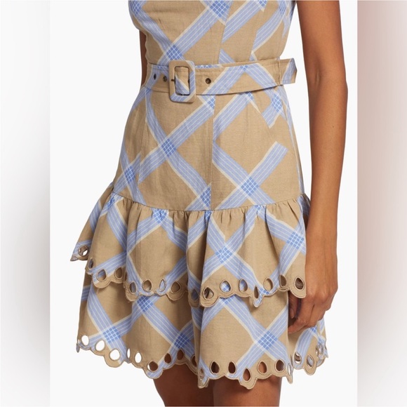 EN SAISON NWT Isla Embroidered Plaid Mini Dress M Belted Eyelet Blue Beige Tan - Picture 2 of 11